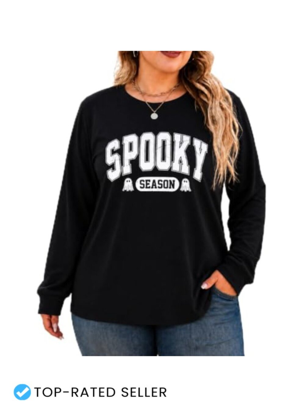 Plus Size Halloween Long Sleeve T-Shirt Salem Ghost Black Cat Witch Crew Neck